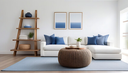 coastal country interior design modern living room rustic coffee table wicker pouf near white sofa blue patterned pillows wall wooden shelves