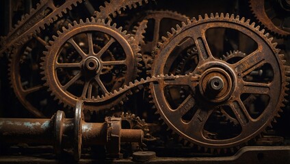 Rusty gears from an old machine, softly illuminated to reveal their historical charm.