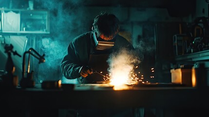 A welder in a dimly lit workshop, the glow of the flame highlighting their focused expression as they shape metal into art. Ample copy space for text or promotional content.