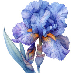 A delicate watercolor illustration of a blue iris with orange accents, showcasing the flowers intricate details
