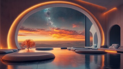 Futuristic Space Lounge with Panoramic Cosmic View