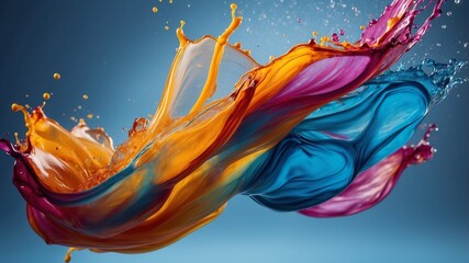 A colorful liquid is being splashed on a blue background.