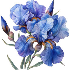 A delicate watercolor illustration of blue irises, with their petals open wide and their stems reaching up towards the light
