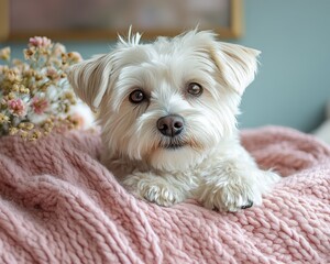 Chic pet corner in a pastel-colored room, cozy bedding, stylish decor, playful pet accessories, inviting atmosphere, vibrant hues, modern design