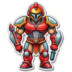 The Galactic Gladiator - A 2D illustration of a cartoon warrior wearing red and gold armor, holding a weapon and standing on a white background. ,warrior ,cartoon ,hero