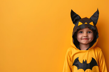 Enfant en costume d'halloween, en hoodie à oreilles de chauve-souris avec arrière-plan jaune et espace pour texte