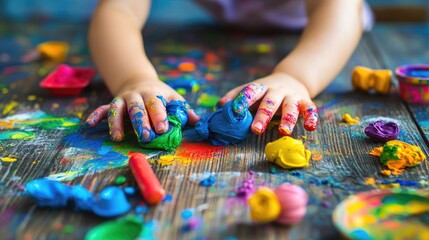 Obraz premium Close-up of a child's hands playing with colorful clay