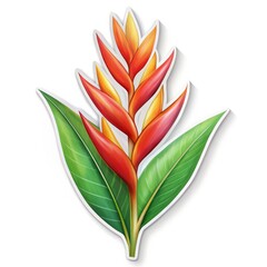 Tropical Heliconia Flower Illustration with Green Leaves, Digital Painting, White Background, Heliconia, Tropical Flower, Bird of Paradise, Flower Illustration