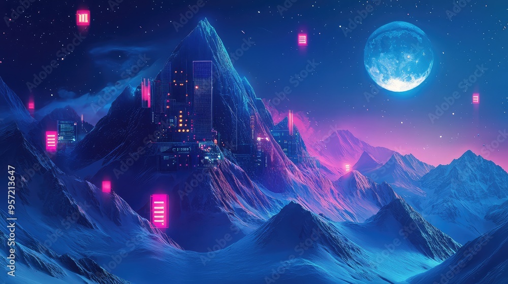 Poster mountains with computer components and glowing screens, set against a night sky with a bright moon a