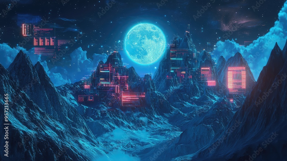 Poster mountains with computer components and glowing screens, set against a night sky with a bright moon a