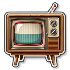 Vintage Television with Wooden Frame, Sticker Design, Retro TV, Cartoon Style, Flat Illustration, Television, Vintage