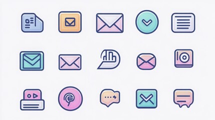 Digital Communication thin line icon set. Containing chat bubble, email, video call, phone call, group chat, voice message, typing indicator, read receipt, send message, calendar invite, screen share.