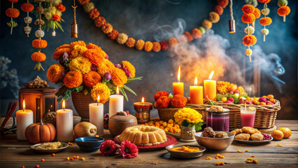 Day of the Dead Offering Background, Traditional Food, Drinks, and Candles on Softly Lit Altar with Marigolds and Incense, Warm and Sacred with Copy Space