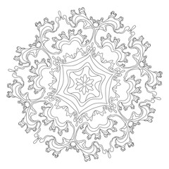 Coloring page mandala with fractal pattern. Hand drawn black and white vector illustration.