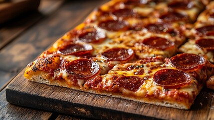 A perspective shot of pepperoni pizza slices with gooey cheese, placed on a wooden table, with a blurred background of a lively kitchen, sunlight filtering through,