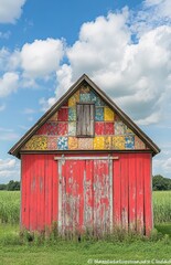 Obraz premium Colorful Patchwork Barn Against a Vivid Blue Sky