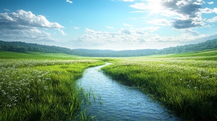 A river runs through a lush green field