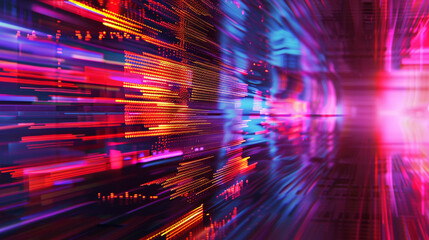 An abstract background with glitch effects, featuring distorted lines and pixelated patterns in neon colors, giving a sense of digital disruption.