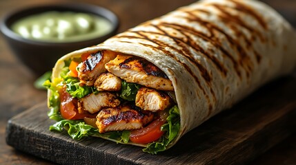 A side-angle view of a Chicken Caesar wrap overflowing with grilled chicken and crisp lettuce, served on a rustic wooden table with a bowl of Caesar dressing,