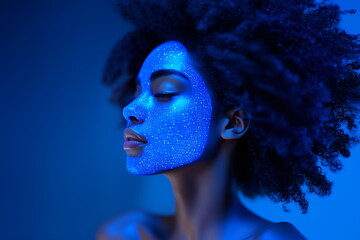 Futuristic model with the white mask on her face, beauty wellness center banner with copy space