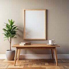 Wooden Table with a Cup, Books, and a Plant, 3D Render, Mockup, Interior Design, Wooden Table
