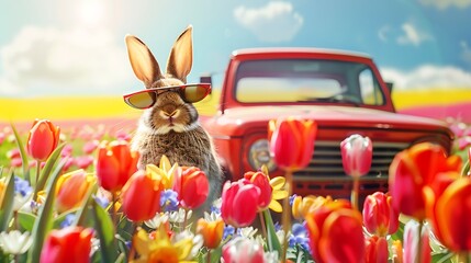 Sunlit background with an array of tulips and a bunny wearing sunglasses atop a red truck