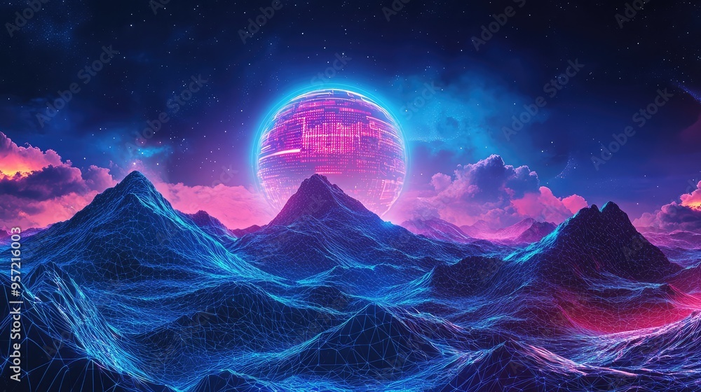 Poster mountains with neon computer patterns rising from a digital landscape, beneath a luminous moon and a