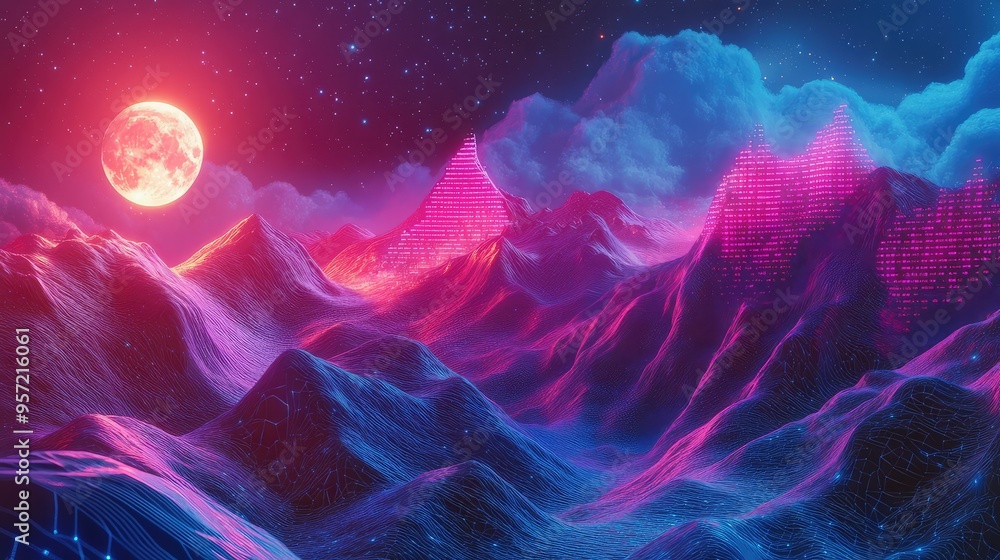 Poster mountains with neon computer patterns rising from a digital landscape, beneath a luminous moon and a