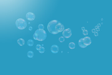 Big and small clear bubbles filled with oxygen air in blue studio