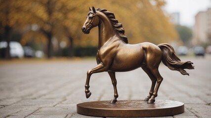 Bronze horse sculpture with dynamic posture on simple base.