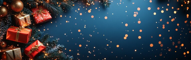 Christmas frame with fir branches, golden balls, and gifts