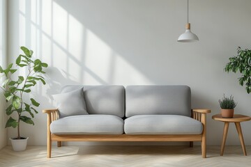 Minimalist Living Room with Gray Sofa and Wooden Accents