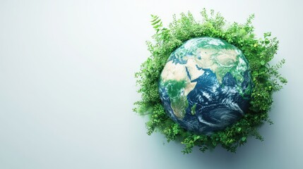 A detailed 3D rendering of Earth in green and blue, surrounded by diverse greenery, on a simple white background, ultra-clear HD quality