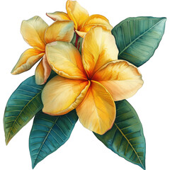 A colorful illustration of a cluster of yellow plumeria flowers with green leaves, drawn in a whimsical style