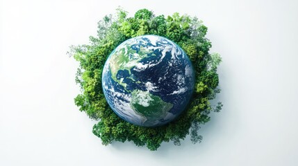 A detailed 3D rendering of Earth in green and blue, surrounded by diverse greenery, on a simple white background, ultra-clear HD quality