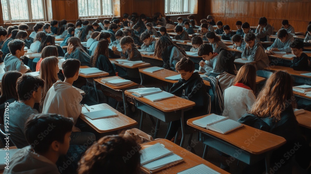 Poster students fill a crowded classroom, engaged in study with outdated materials, reflecting current educ