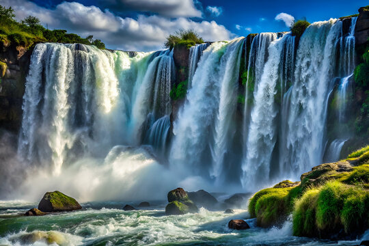 A waterfall with a blue sky in the background. The water is flowing down the rocks and the grass is green