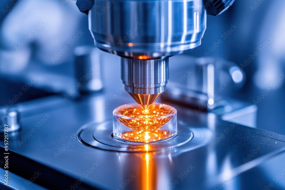 Poster close-up of a laboratory microscope inspecting a sample with orange illumination, highlighting preci