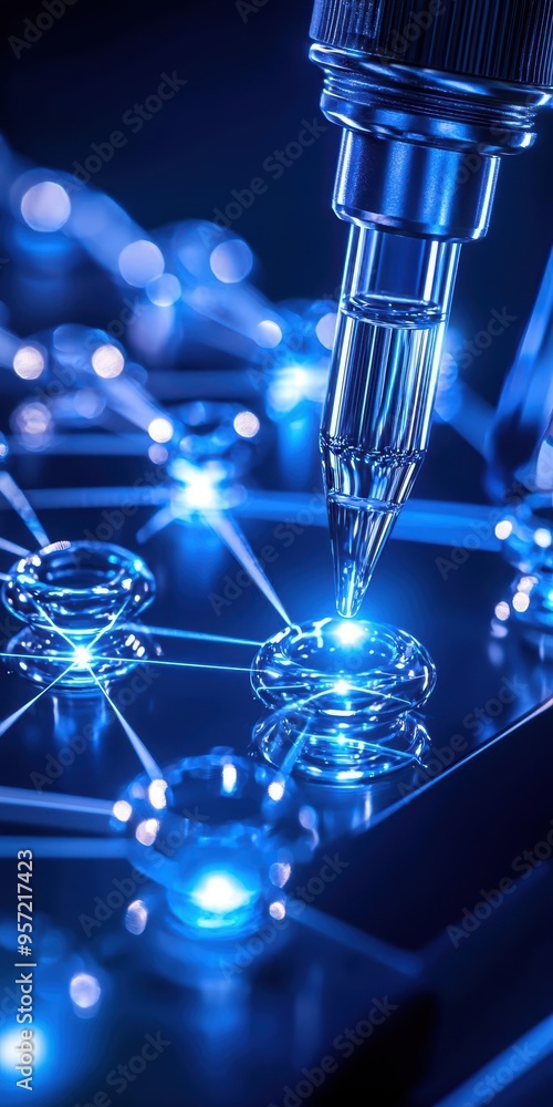Poster close-up of advanced technology, showing futuristic circuitry and precision engineering with glowing