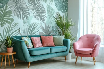 Colorful Living Room with Teal Sofa and Tropical Wallpaper
