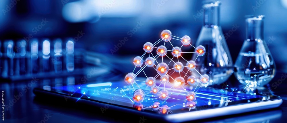 Poster high-tech laboratory setting with molecular structure model placed on a touchscreen tablet, surround