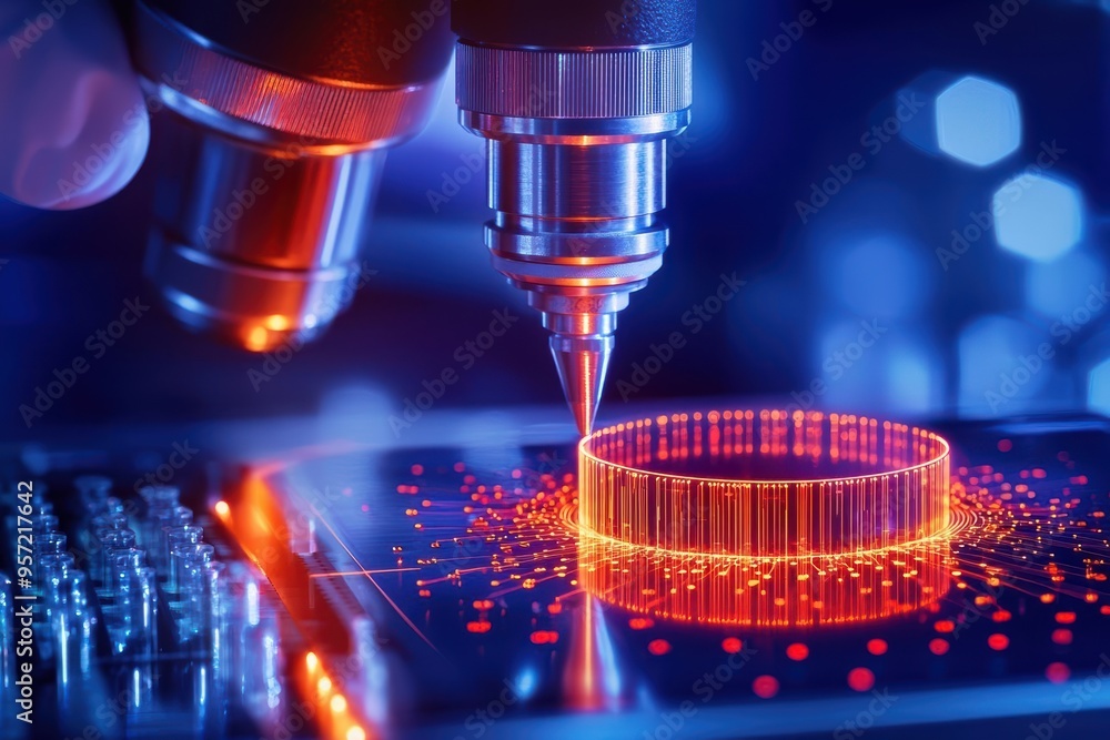 Poster high-tech microscope analyzing microchip with futuristic digital interface, showcasing advanced tech