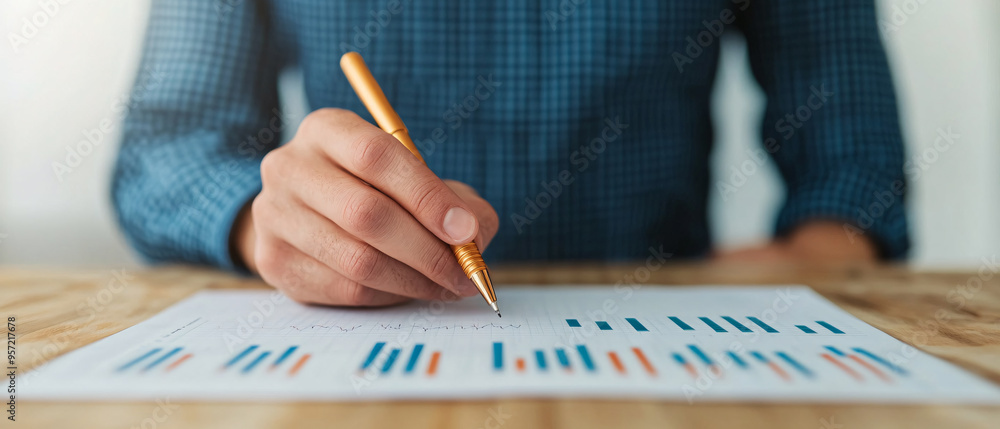 Poster a person analyzing data with a pencil, focusing on charts and graphs for business insights and strat