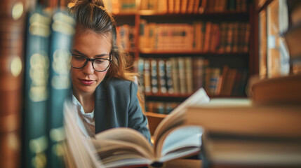 Confident woman in a law firm - A professional female lawyer or paralegal working in a prestigious law firm, reviewing legal documents with a focused and authoritative expression.