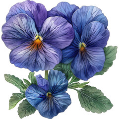 A close-up illustration of three pansies with vibrant blue petals and green leaves, rendered in a watercolor style