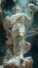 Marble Athlete: A dramatic low angle shot of an antique marble statue of an athlete, powerfully poised mid-throw, within a grand, ornate interior.