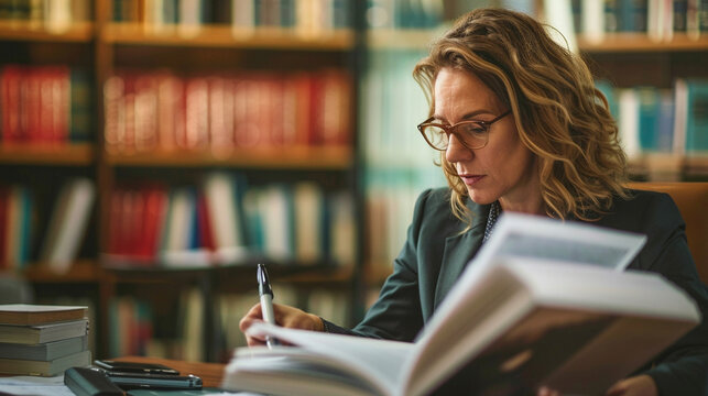 Confident woman in a law firm - A professional female lawyer or paralegal working in a prestigious law firm, reviewing legal documents with a focused and authoritative expression. - Powered by Adobe