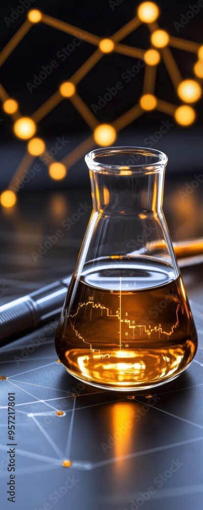 Aufkleber scientific beaker with luminescent liquid on a lab bench, surrounded by molecular structure and char