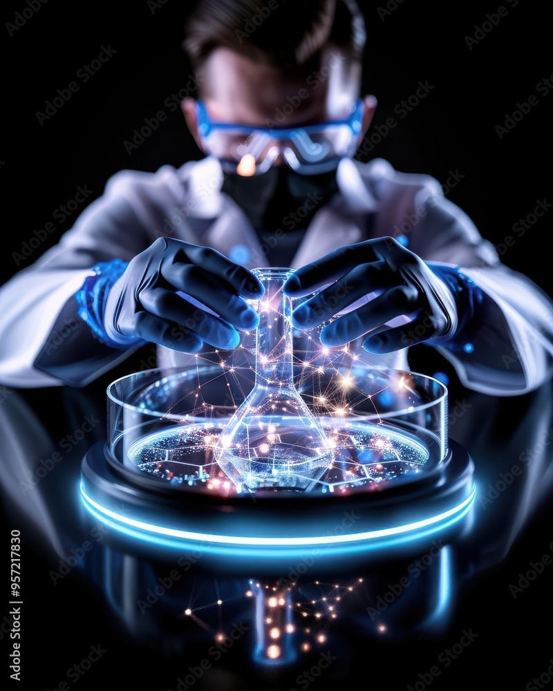 Poster scientist conducting an experiment with futuristic holographic displays and glowing elements. scienc