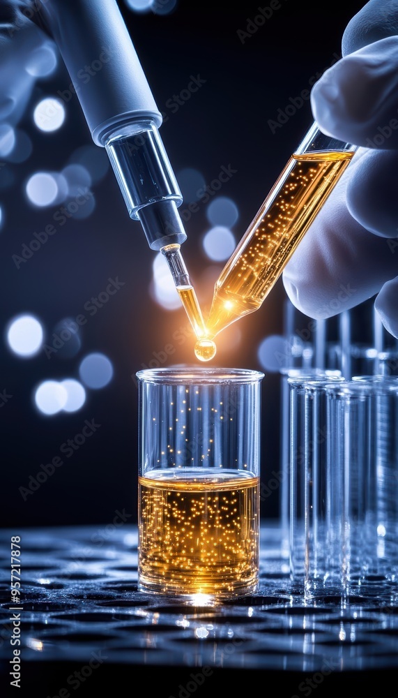 Poster scientist conducting experiment with a pipette and test tube, focusing on precision and laboratory r